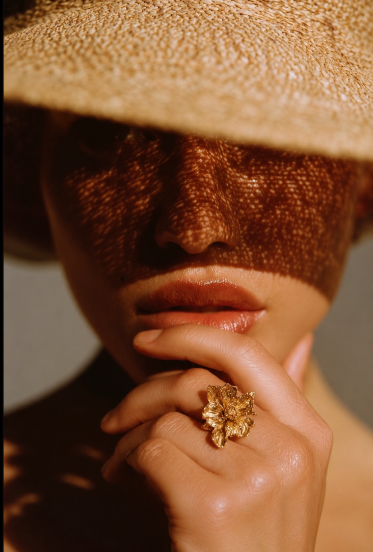 Modelo con sombrero de paja luciendo un anillo dorado en forma de flor, bajo la luz del sol.